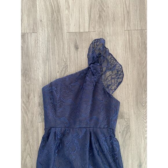 Jim Hjelm Occations Dress Women's 10 Navy One Shoulder Lace Cocktail Open Back - Picture 3 of 8